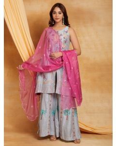 Blue Chikankari Cotton Chanderi Suit- Set of 3