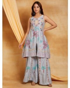 Blue Chikankari Cotton Chanderi Kurta with Sharara- Set of 2