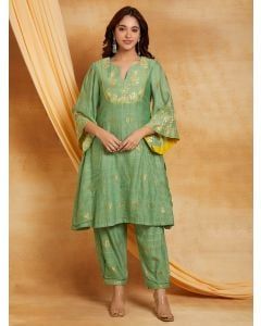 Green Chikankari Cotton Chanderi Kurta with Salwar- Set of 2