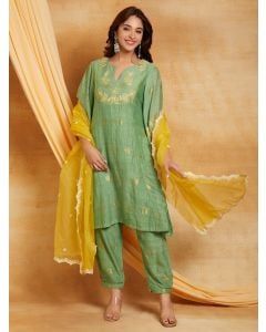 Green Chikankari Cotton Chanderi Suit- Set of 3