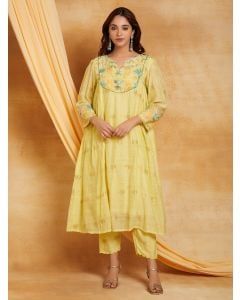 Yellow Chikankari Cotton Chanderi Kurta with Pants- Set of 2