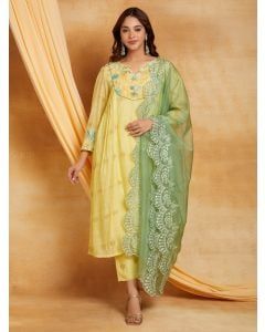 Yellow Chikankari Cotton Chanderi Suit- Set of 3