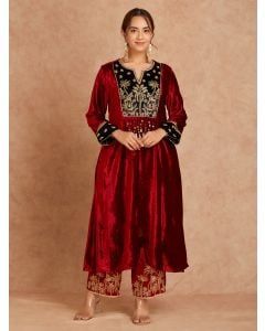 Maroon Embroidered Velvet Kurta with Pants - Set of 2