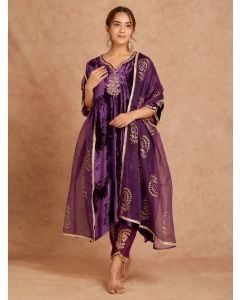 Purple Embroidered Velvet Suit - Set of 3