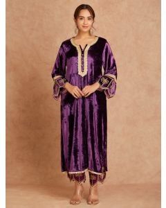 Purple Lace Work Velvet Kurta with Pants - Set of 2