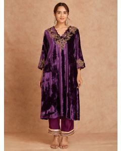 Purple Embroidered Velvet Kurta with Pants - Set of 2