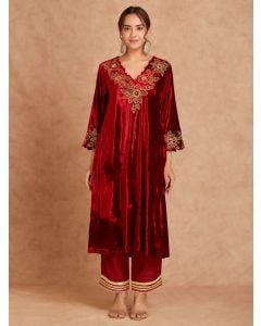 Maroon Embroidered Velvet Kurta with Pants - Set of 2