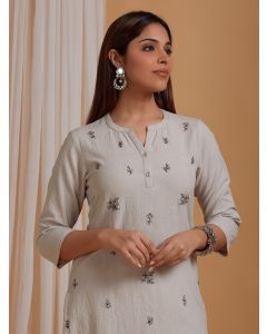 Grey Embroidered Cotton Linen Kurta with Pants - Set of 2