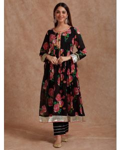 Black Pink Printed Mulmul Anarkali Kurta with Pants- Set of 2