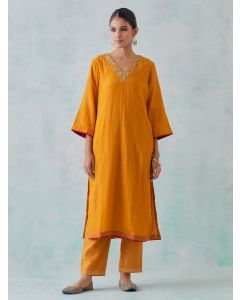 Mustard Yellow Embroidered Crushed  Chanderi Kurta with Pants- Set of 2