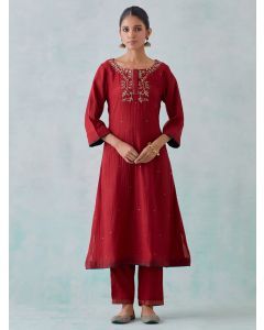 Maroon Embroidered Crushed  Chanderi Kurta with Pants- Set of 2