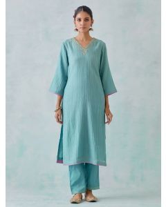 Blue Embroidered Crushed  Chanderi Kurta with Pants- Set of 2