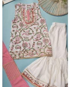 White Pink Hand Block Printed Cambric Cotton Gharara Suit with Net Dupatta - Set of 3