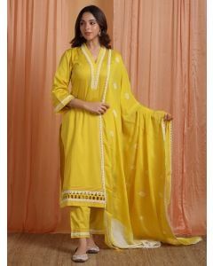 Yellow Lace Work Cotton Suit - Set of 3