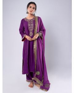 Purple Embroidered Chanderi Kurta with Pants- Set of 2