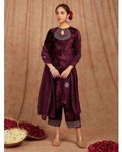 Purple Embroidered Velvet Suit- Set of 3