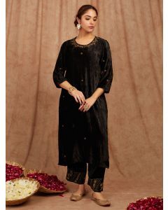 Black Embroidered Velvet Kurta with Pants- Set of 2