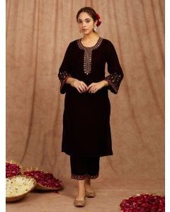 Wine Embroidered Velvet Kurta