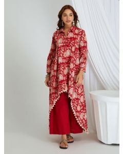 Red Hand Block Printed Cotton Kurta with Palazzo- Set of 2