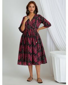 Black Pink Printed Cambric Cotton Dress