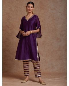 Purple Gota Work Chanderi Kurta with Pants- Set of 2