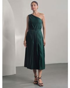 Green Cotton Satin One Shoulder Dress