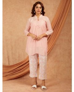 Peach Chikankari Chanderi Co-ord Set- Set of 2