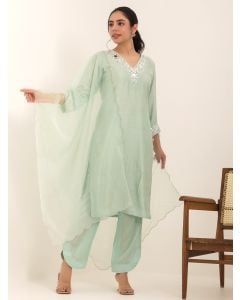 Green Embroidered Bemberg Muslin Suit- Set of 3