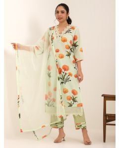 Green Printed Cotton Suit- Set of 3