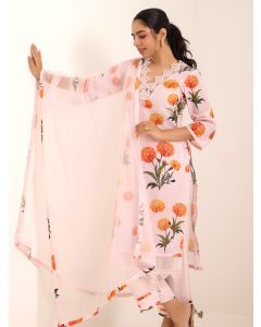 Pink Printed Cotton Suit- Set of 3