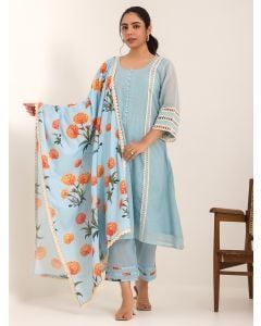 Blue Lace Work Chanderi Mul Suit- Set of 3