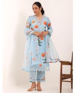 Blue Printed Cotton Suit- Set of 3