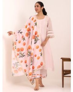 Pink Lace Work Chanderi Mul Suit- Set of 3