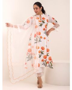 White Printed Cotton Suit- Set of 3