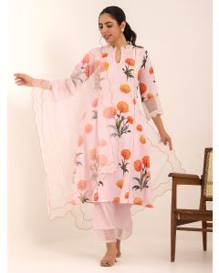 Pink Printed Cotton Suit- Set of 3
