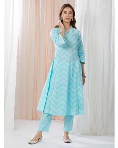 Sky Blue Hand Block Printed Cotton Kurta with Pants- Set of 2