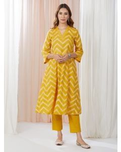 Yellow Hand Block Printed Cotton Kurta with Pants- Set of 2