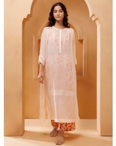 Beige Printed Chanderi Crop Top with Tunic and Pants - Set of 3