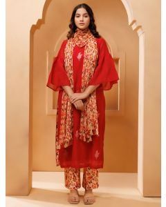 Red Applique Work Crushed Chanderi Suit - Set of 3