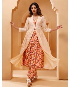 Beige Printed Chanderi Kurta with Jacket and Pants - Set of 3