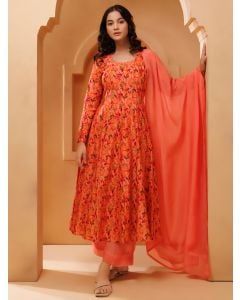Peach Printed Chanderi Suit - Set of 3