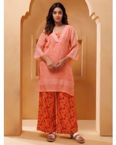 Peach Applique Work Organza Kurta with Printed Inner and Pants - Set of 3