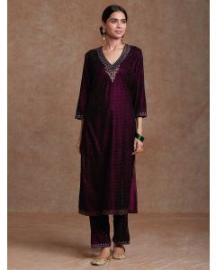 Burgundy Hand Block Printed Velvet Embroidered Kurta with Pants- Set of 2