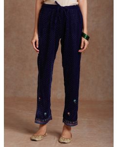 Blue Hand Block Printed Velvet Embroidered Pants