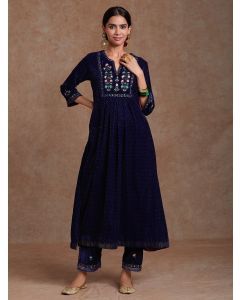 Blue Hand Block Printed Velvet Embroidered Kurta with Pants- Set of 2