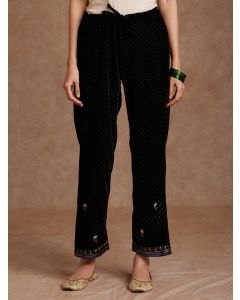 Black Hand Block Printed Velvet Embroidered Pants