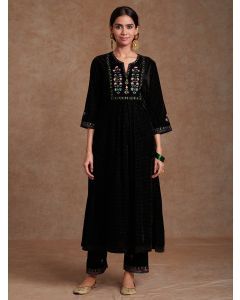 Black Hand Block Printed Velvet Embroidered Kurta with Pants- Set of 2