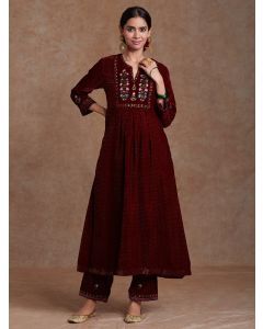 Maroon Hand Block Printed Velvet Embroidered Kurta with Pants- Set of 2