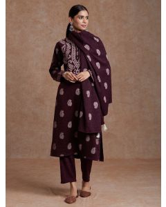 Maroon Embroidered Woolen Suit - Set of 3