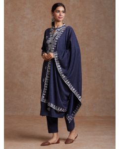 Blue Embroidered Woolen Suit - Set of 3